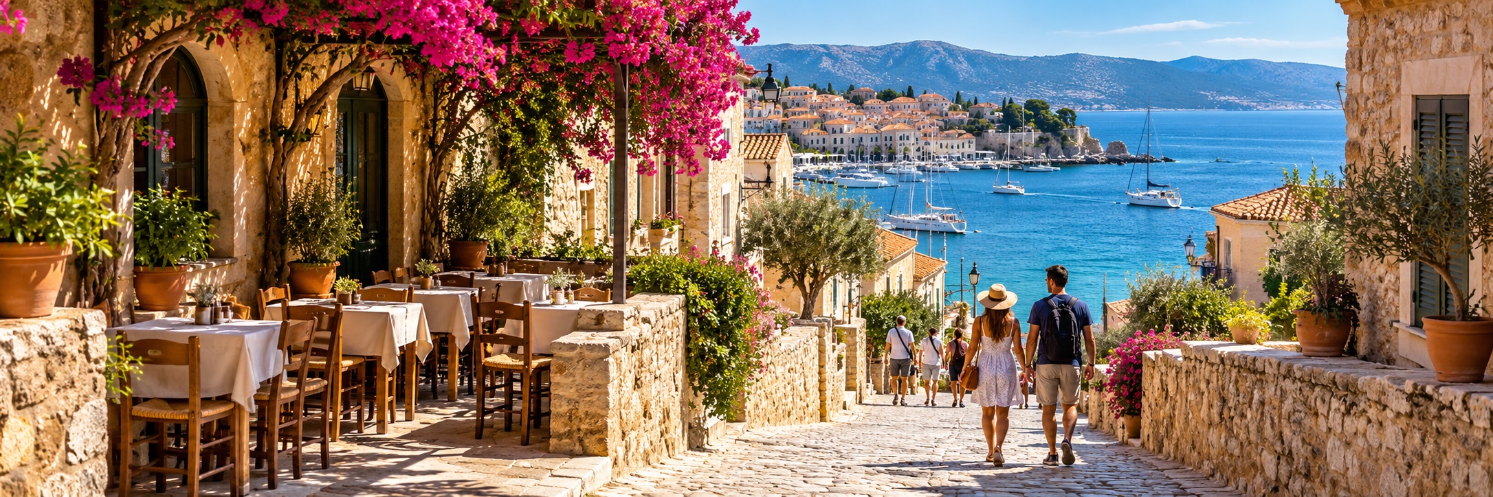 Travellers exploring a sunlit Mediterranean coastal town